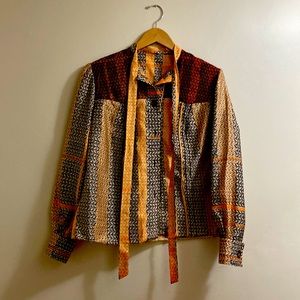 Vintage Silk Printed Tie-Front Blouse Size Large